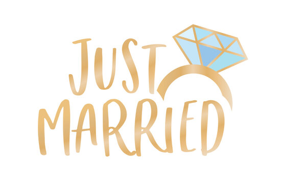 Just Married, Just Married Sign, Just Married Banner, Wedding Banner, Wedding Congrats, Wedding Bells, Diamond Ring Vector Isolated Sign Banner Illustration Background