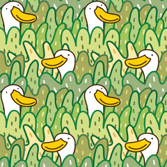 Seamless Pattern of Cartoon Duck and Bush Illustration Design