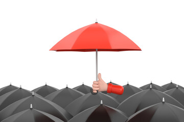 Uniqueness and individuality. Hand holding a red umbrella among people with black umbrellas.