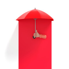 hand holding stylish red umbrella on white background.