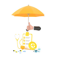 Hand hold yellow umbrella stethoscope, syringe, red heart and check list.
