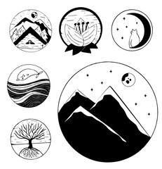 A set of vector images in pencil style. A series of pictures for tattoos, stickers, print, magazines and website. Pictures of mountains, nature, plants, flowers, sea.