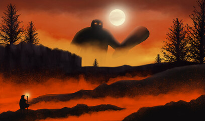 The silhouette of a boy with a magic wand faces a giant wielding a sledgehammer at the sweltering lava mountain. Digital art style. illustration painting