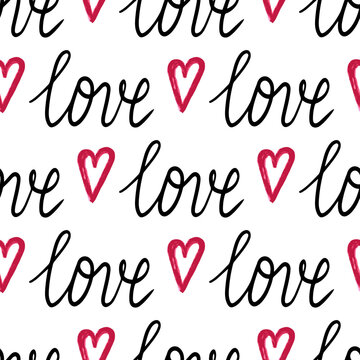 Stylish graphic seamless pattern with hearts. Black and red sketchy background for wrapping paper, fabrics, wallpapers, postcards and more.