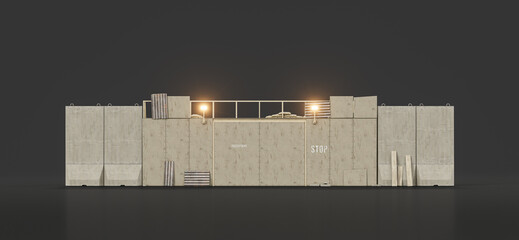 Concrete firewall, boundary wall with spotlights, military security wall, 3d rendering