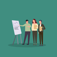 Simple Vector illustration drawing of young happy start up members discussing company growth and writing at the flip chart. Business presentation concept.Modern design vector illustration