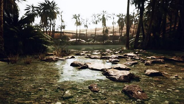 Desert oasis pond with palm trees and plants