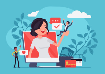 Young woman happy with online management technology, bank, payment access application, positive website or social media help, information support, electronic money pay. Vector illustration