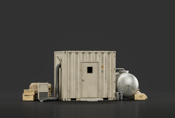 Military storage shelter, military equipments and fuel tank, electric generator room, 3d rendering