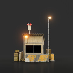 Military sentry cabin, sentry soldier hut, whatcher cabin with alarm mast , 3d rendering