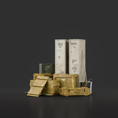 Military arsenal pile with cargo containers and ammunition boxes, 3d rendering