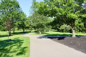 The long empty pathway in the park on a sunny day.