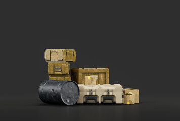 Military arsenal pile with cargo containers and ammunition boxes, 3d rendering