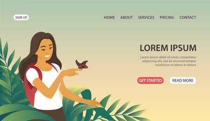 Young woman tourist in tropical thicket with butterfly. Adventures, outdoor activities. Lifestyle and hobby. Beautiful wildlife. Design for banner, website, travel. Vector cartoon illustration