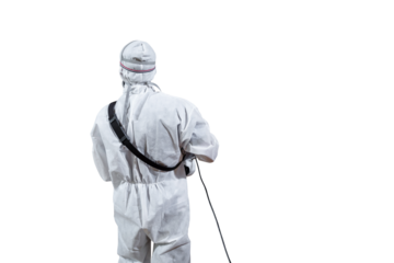 Isolated Professional technical man in prevention suit in backside in white background. Clipping Path.