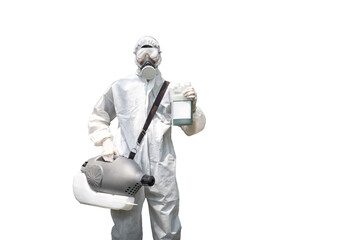 Professional technical man in prevention suit with his sterilizing machine and disinfecting water in his hand. He is ready to take purifying coronavirus (COVID-19) out. Clipping Path.