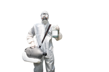 Professional technical man in prevention suit with his sterilizing machine and disinfecting water in his hand. He is ready to take purifying coronavirus (COVID-19) out. Clipping Path.