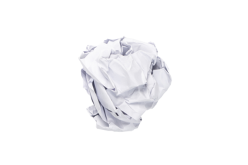 Crumpled white a4 paper was shot in studio light on white background. This means no idea or fail plan concept. Clipping path.