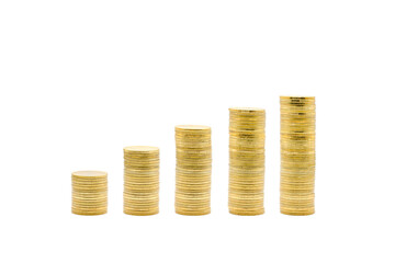 The minimal Gold coins towers graph pattern that shows the growth of investment and saving money from left to right are isolated on white background. Clipping Paths. - Powered by Adobe