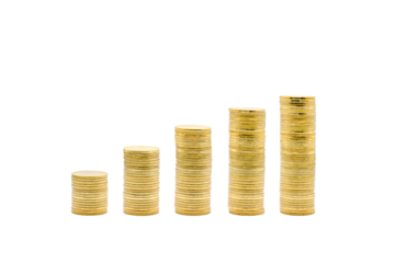 The minimal Gold coins towers graph pattern that shows the growth of investment and saving money from left to right are isolated on white background. Clipping Paths.