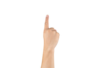 Asian back back hand shows and counts 1 (one) sign on finger on isolated white background. Clipping path