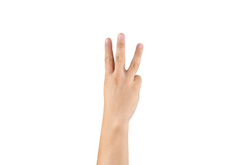 Asian back hand shows and counts 3 (three) sign on finger on isolated white background. Clipping...