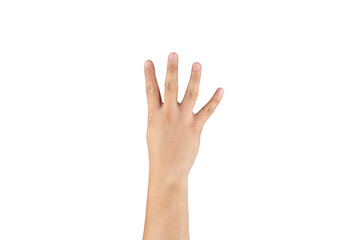 Asian back hand shows and counts 4 (four) sign on finger on isolated white background. Clipping path