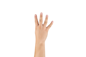 Asian back hand shows and counts 4 (four) sign on finger on isolated white background. Clipping path