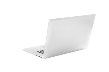 Laptop gray metalic sliver colour notebook in backside view open cover on the white background. Clipping Path. - obrazy, fototapety, plakaty