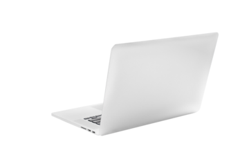 Laptop gray metalic sliver colour notebook in backside view open cover on the white background. Clipping Path.
