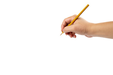Isolated Asian man's right hand holds one colour pencil for drawing and painting somthing on white background. Clipping path.