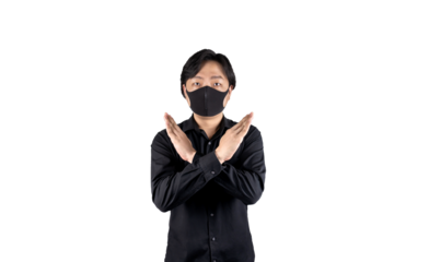 Isolated Asian man wears black sponge mask and black shirt, he poses arm cross sign on white background. Clipping Path.