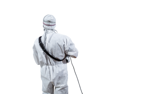 Isolated Professional technical man in prevention suit in backside in white background. Clipping Path.