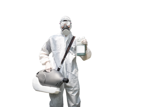 Professional technical man in prevention suit with his sterilizing machine and disinfecting water in his hand. He is ready to take purifying coronavirus (COVID-19) out. Clipping Path.