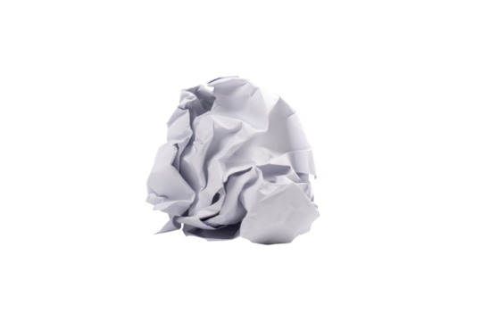 Crumpled white a4 paper was shot in studio light on white background. This means no idea or fail plan concept. Clipping path.