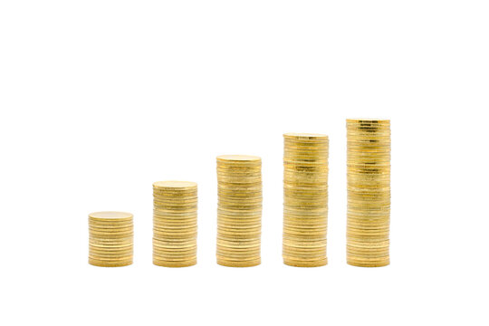 The minimal Gold coins towers graph pattern that shows the growth of investment and saving money from left to right are isolated on white background. Clipping Paths.