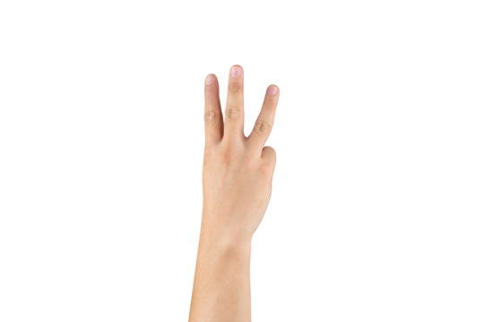 Asian back hand shows and counts 3 (three) sign on finger on isolated white background. Clipping path
