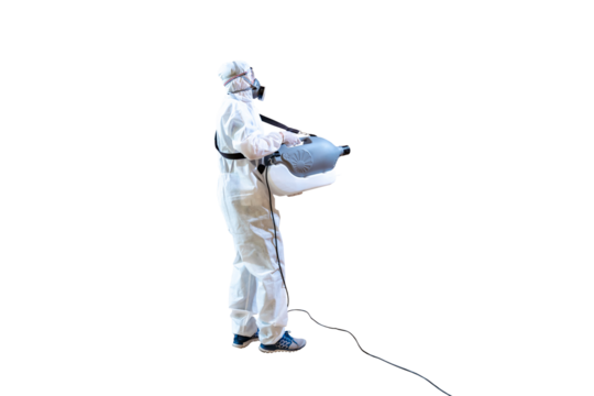 Professional technical man in prevention suit sprays sterilizing solution. by elctrical spray machine on wood floor and white background with stuido light. - Powered by Adobe