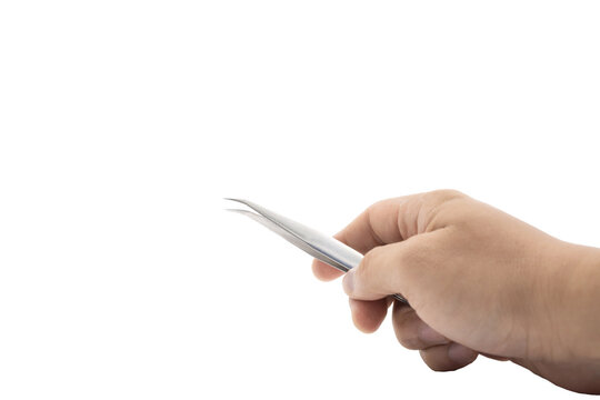 Tweezer is held by asian's man on white background in studio light. Clipping Path.