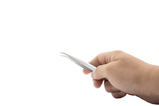 Tweezer is held by asian's man on white background in studio light. Clipping Path.