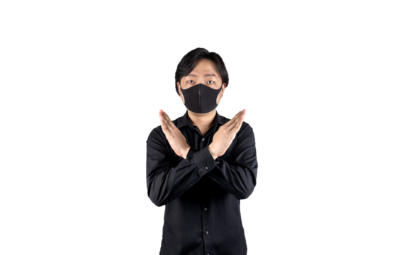 Isolated Asian man wears black sponge mask and black shirt, he poses arm cross sign on white background. Clipping Path.