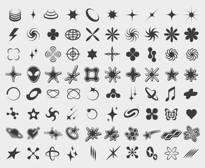 Y2K symbols. Retro star icons, trendy acid rave and graphic elements for posters and streetwear fashion design vector set