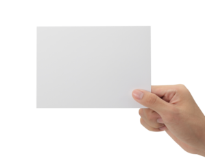 Hand holding blank paper, Greeting card mockup.