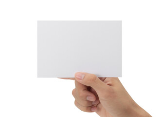 Obraz premium Hand holding blank paper, Greeting card mockup.