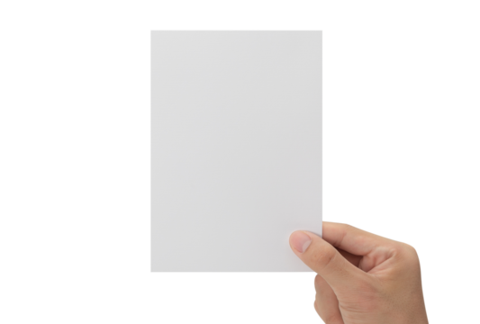 Hand holding blank paper, Greeting card mockup.