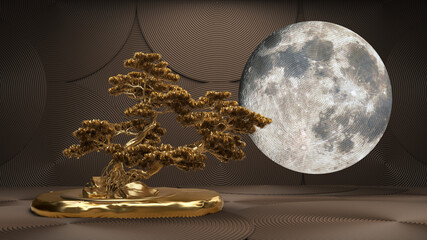 bonsai tree gold on a moon background for product presentation.3d rendering