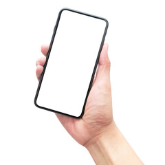 Hand holding smartphone with screen mockup.
