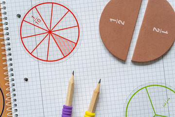 School supplies, math fractions, pencils, numbers, notepad on a white background. Back to school,...