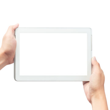Hand holding tablet computer with screen mockup.