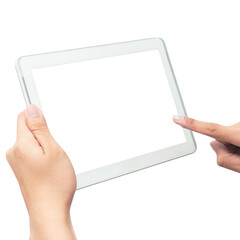 Hand holding tablet computer with screen mockup.